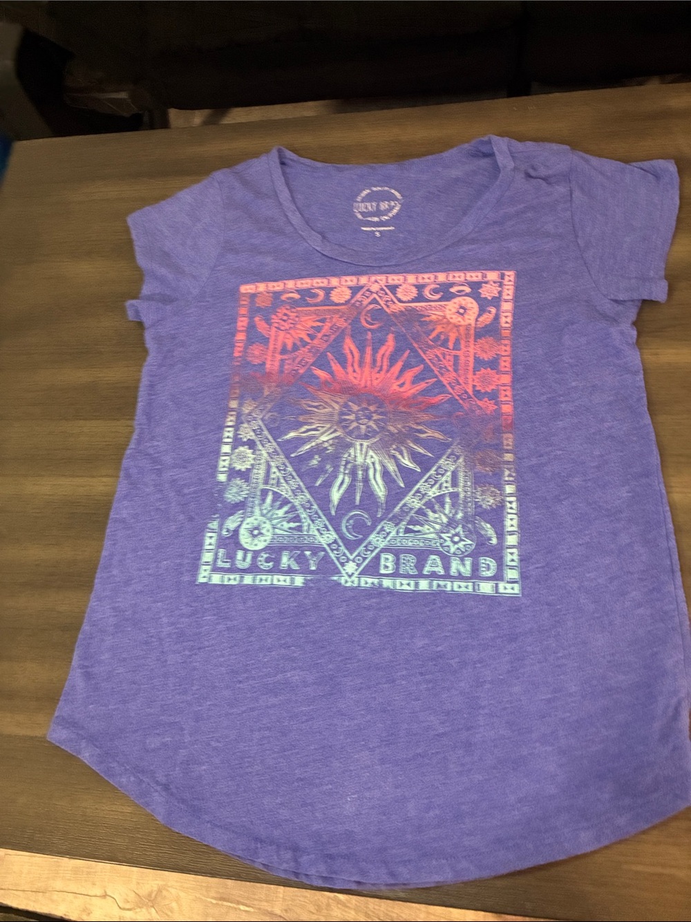 Lucky Brand Purple Graphic Tee with Coral and Aqua Sun Design